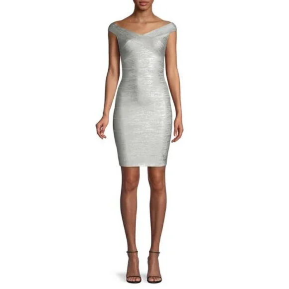 💕HERVE LEGER💕 Criss Cross Foil Bandage Dress ~ Silver Foil Large L NWT - Picture 7 of 16